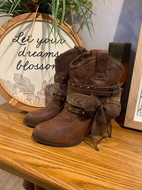 Not Rated Brown Western-Inspired Ankle Boots with Bow & Stud Trim